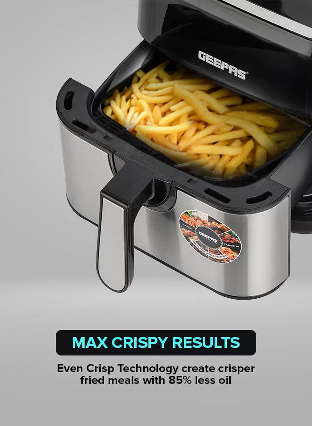 Geepas Digital Air Fryer - Equipped With Vortx Air Frying Technology| Oil Free Cooking Digital Display With Touch Screen| 10 Preset Cooking Modes, 1-60 Minutes Timer| Ideal For Making Fries, Steak, Chicken, Cake, Meat, Bread Etc 5 L 1600 W GAF37527 Black-6-6