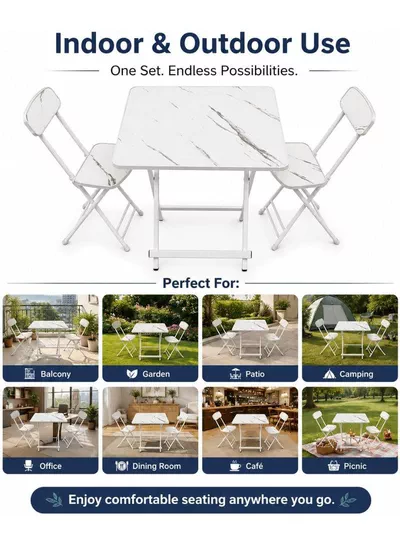 DubaiGallery Marble Design Table and Chair [2 Chair] - Foldable Chair & Table Set with Metal Frame Dining Set for Garden Furniture | Patio Set for Balcony, Office, Camping & outdoor (70x60cm) - White-6