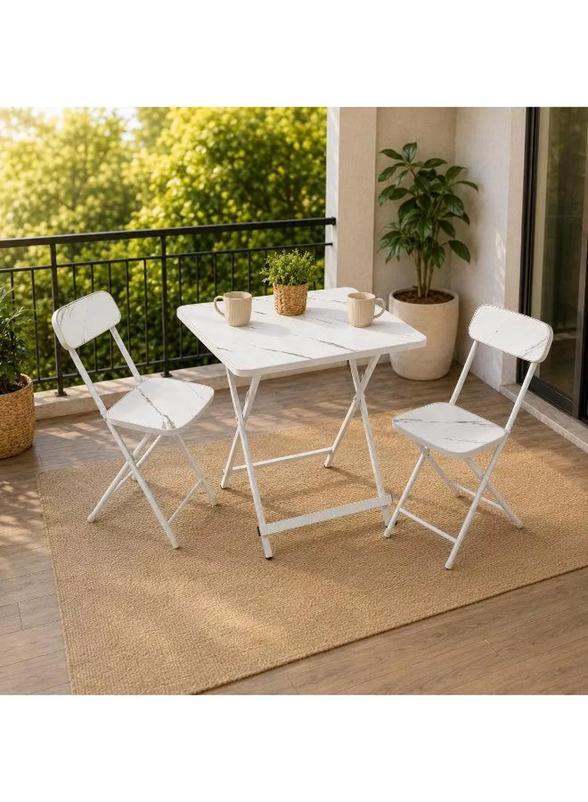 DubaiGallery Marble Design Table and Chair [2 Chair] - Foldable Chair & Table Set with Metal Frame Dining Set for Garden Furniture | Patio Set for Balcony, Office, Camping & outdoor (70x60cm) - White