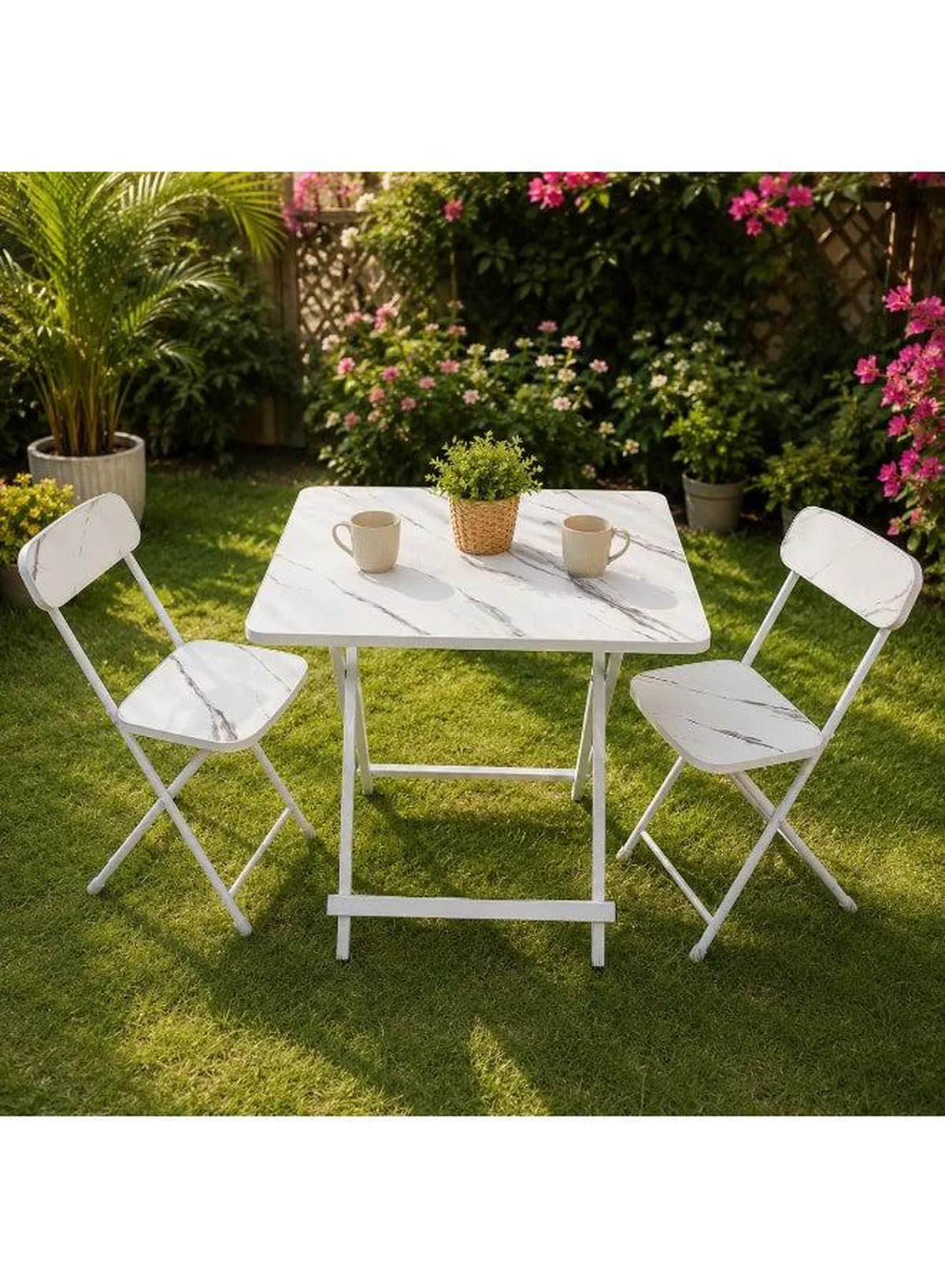 DubaiGallery Marble Design Table and Chair [2 Chair] - Foldable Chair & Table Set with Metal Frame Dining Set for Garden Furniture | Patio Set for Balcony, Office, Camping & outdoor (70x60cm) - White-1-1