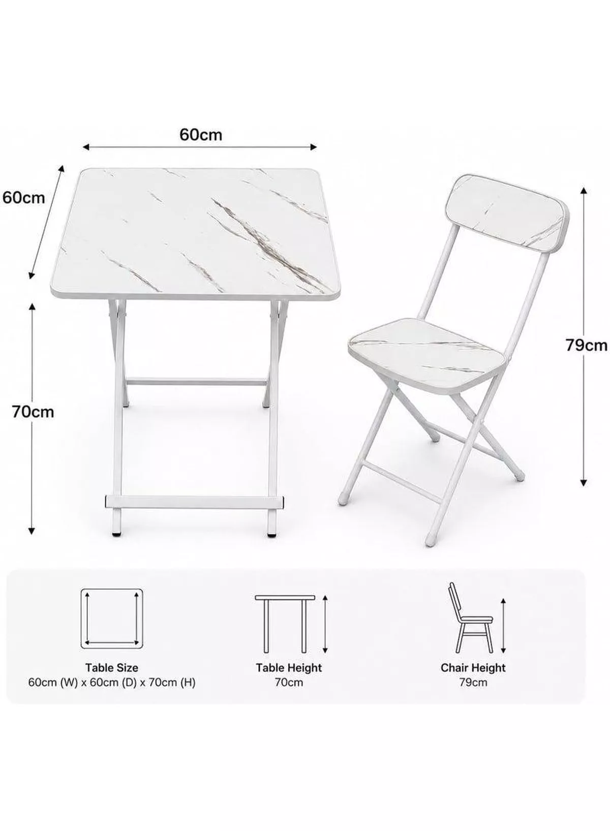 DubaiGallery Marble Design Table and Chair [2 Chair] - Foldable Chair & Table Set with Metal Frame Dining Set for Garden Furniture | Patio Set for Balcony, Office, Camping & outdoor (70x60cm) - White-3-3