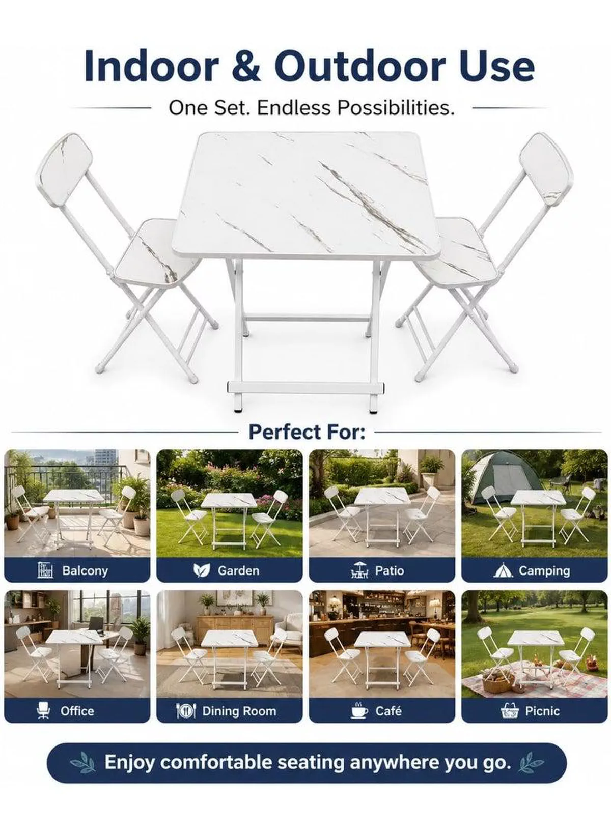 DubaiGallery Marble Design Table and Chair [2 Chair] - Foldable Chair & Table Set with Metal Frame Dining Set for Garden Furniture | Patio Set for Balcony, Office, Camping & outdoor (70x60cm) - White-6-6