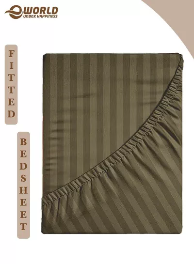 Olive Green Striped Microfiber Fitted Bedsheet with Deep Pocket for a Snug Fit, Breathable, Machine Washable for Optimal Protection, Available in King, Queen and Single Sizes, Without Pillow Cover-0