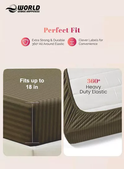 Olive Green Striped Microfiber Fitted Bedsheet with Deep Pocket for a Snug Fit, Breathable, Machine Washable for Optimal Protection, Available in King, Queen and Single Sizes, Without Pillow Cover-2