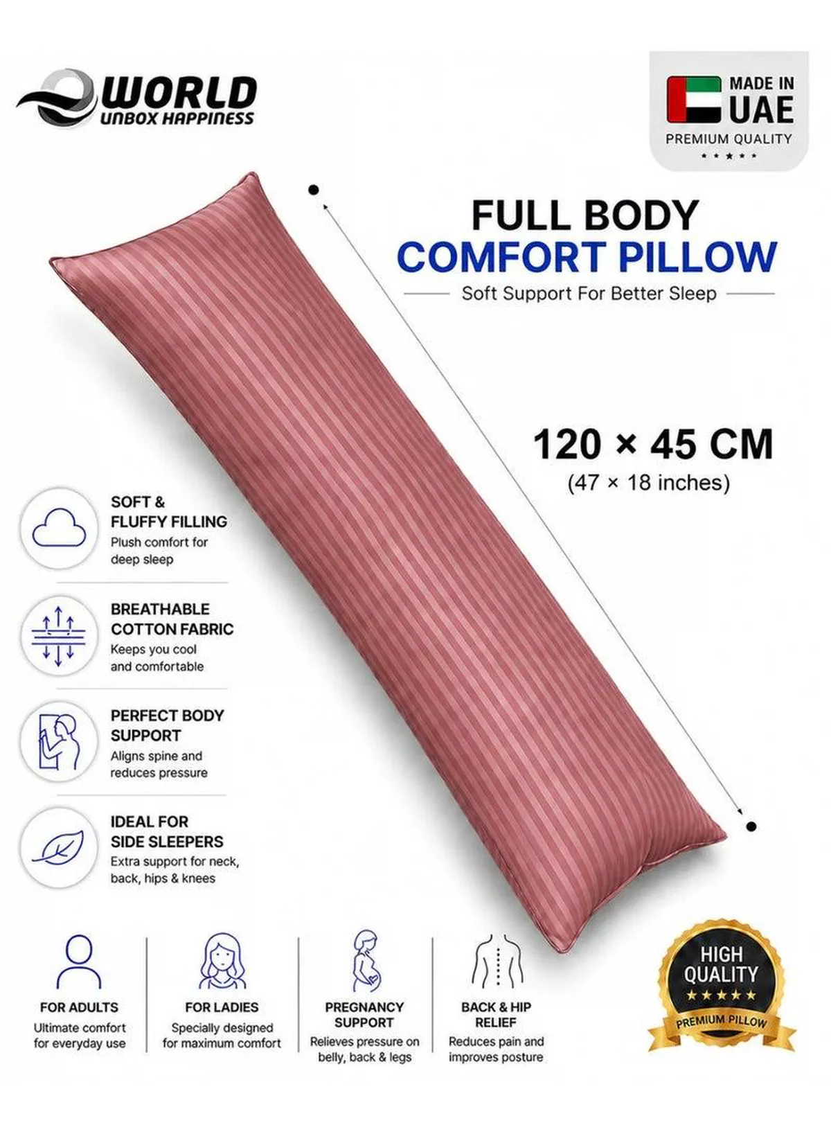 Premium Full Body Pillow for Adults, Ultra-Smooth Polyester Fiber, Breathable & Ideal for Side Sleepers, with Ultra-Soft Cotton Cover, Available in Multiple Colors, 120x45 cm