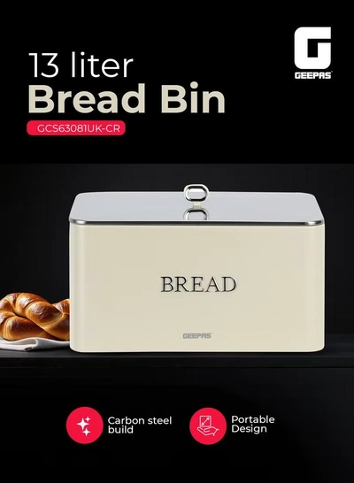 GEEPAS 13 L Bread Bin Retro-Style | Carbon Steel Bread Box with Air-Circulation Freshness System | Easy-Clean Smooth Finish, Portable Countertop Storage for Bread | Pastries & Snacks GCS63081UK-CR Cream-0