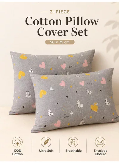 Set of 2 100% Cotton Printed Pillow Covers, Doodle Heart Pattern, 125 GSM Fabric, Soft & Breathable, Envelope Closure, Fade Resistant & Machine Washable – 50 x 75 cm-0