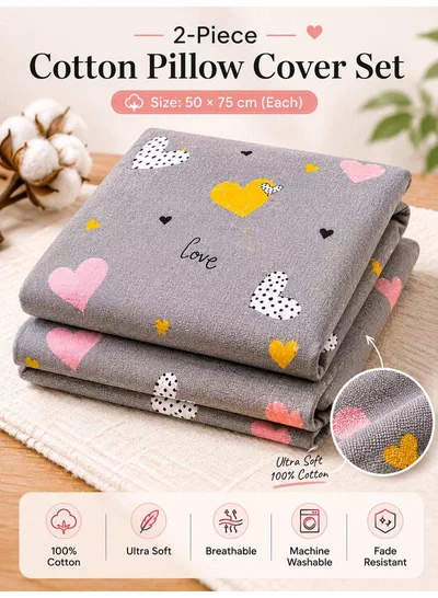Set of 2 100% Cotton Printed Pillow Covers, Doodle Heart Pattern, 125 GSM Fabric, Soft & Breathable, Envelope Closure, Fade Resistant & Machine Washable – 50 x 75 cm-2