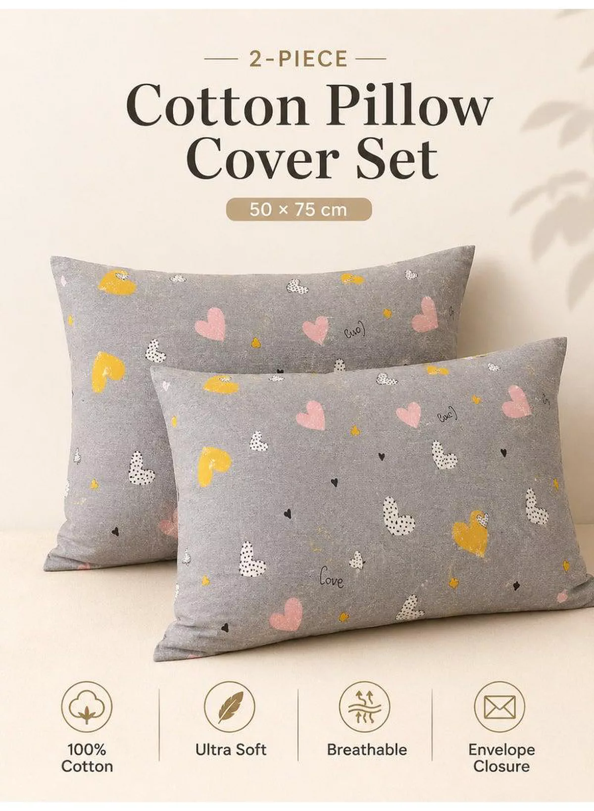 Set of 2 100% Cotton Printed Pillow Covers, Doodle Heart Pattern, 125 GSM Fabric, Soft & Breathable, Envelope Closure, Fade Resistant & Machine Washable – 50 x 75 cm