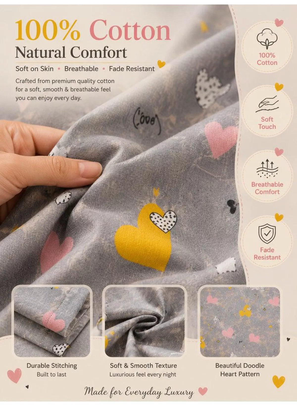 Set of 2 100% Cotton Printed Pillow Covers, Doodle Heart Pattern, 125 GSM Fabric, Soft & Breathable, Envelope Closure, Fade Resistant & Machine Washable – 50 x 75 cm-1-1
