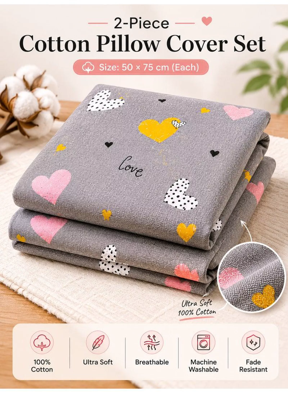 Set of 2 100% Cotton Printed Pillow Covers, Doodle Heart Pattern, 125 GSM Fabric, Soft & Breathable, Envelope Closure, Fade Resistant & Machine Washable – 50 x 75 cm-2-2