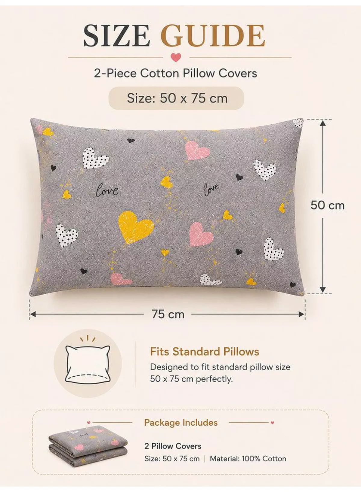Set of 2 100% Cotton Printed Pillow Covers, Doodle Heart Pattern, 125 GSM Fabric, Soft & Breathable, Envelope Closure, Fade Resistant & Machine Washable – 50 x 75 cm-3-3