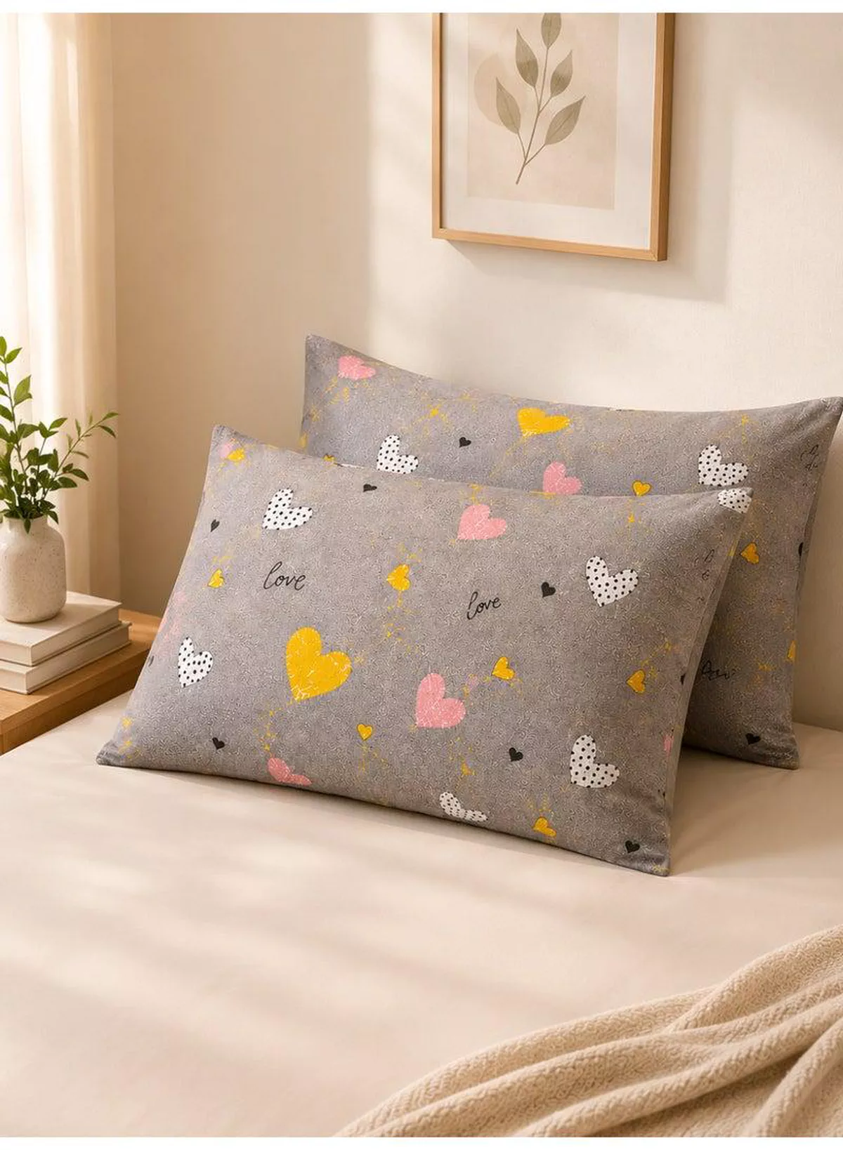 Set of 2 100% Cotton Printed Pillow Covers, Doodle Heart Pattern, 125 GSM Fabric, Soft & Breathable, Envelope Closure, Fade Resistant & Machine Washable – 50 x 75 cm-4-4