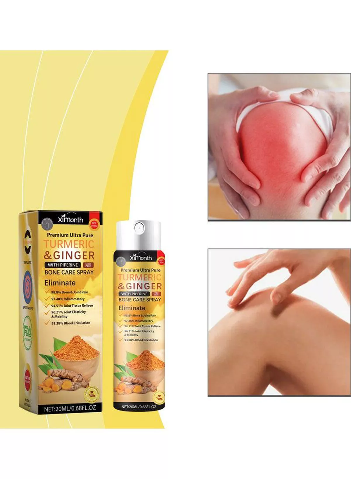 Ximonth Premium Ultra Pure Turmeric Ginger Bone Care Spray with Piperine, 20ml, Compact Topical Spray Bottle, Easy Application, Convenient Daily Care Solution for Home, Office and Travel