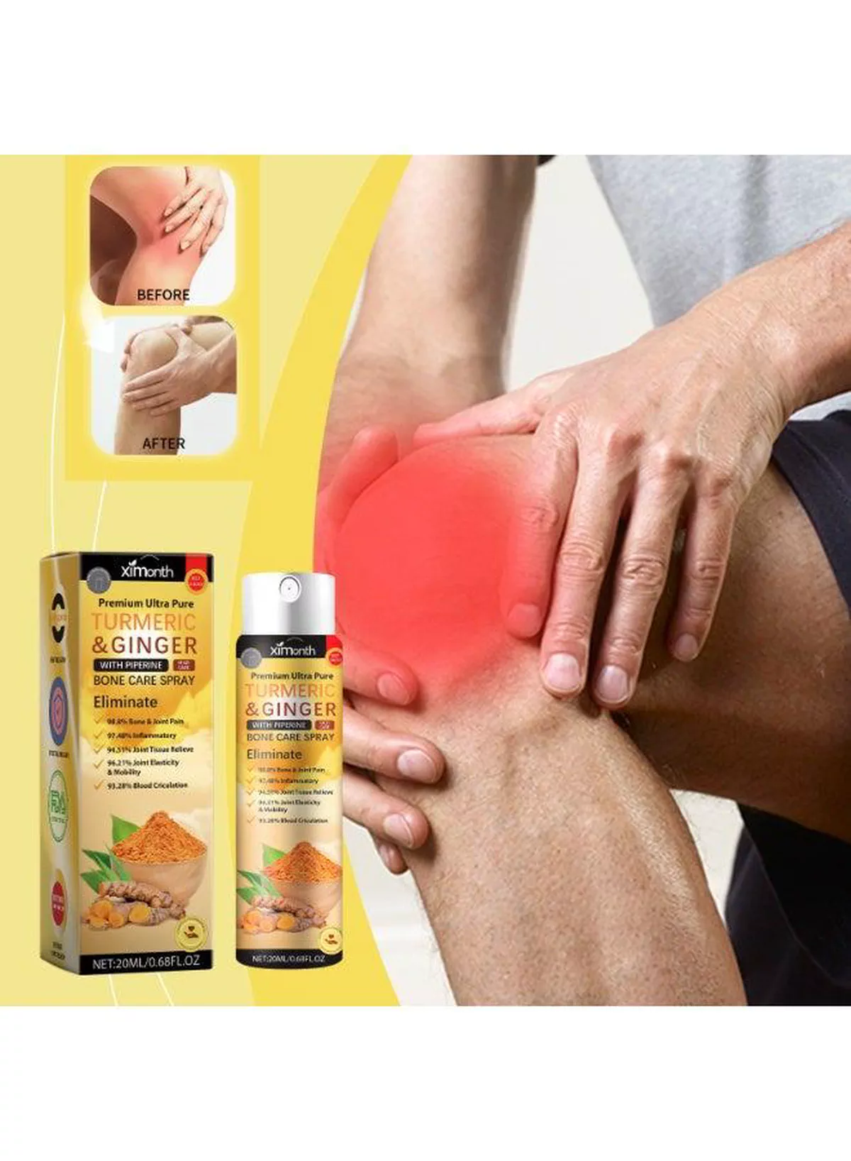 Ximonth Premium Ultra Pure Turmeric Ginger Bone Care Spray with Piperine, 20ml, Compact Topical Spray Bottle, Easy Application, Convenient Daily Care Solution for Home, Office and Travel-1-1