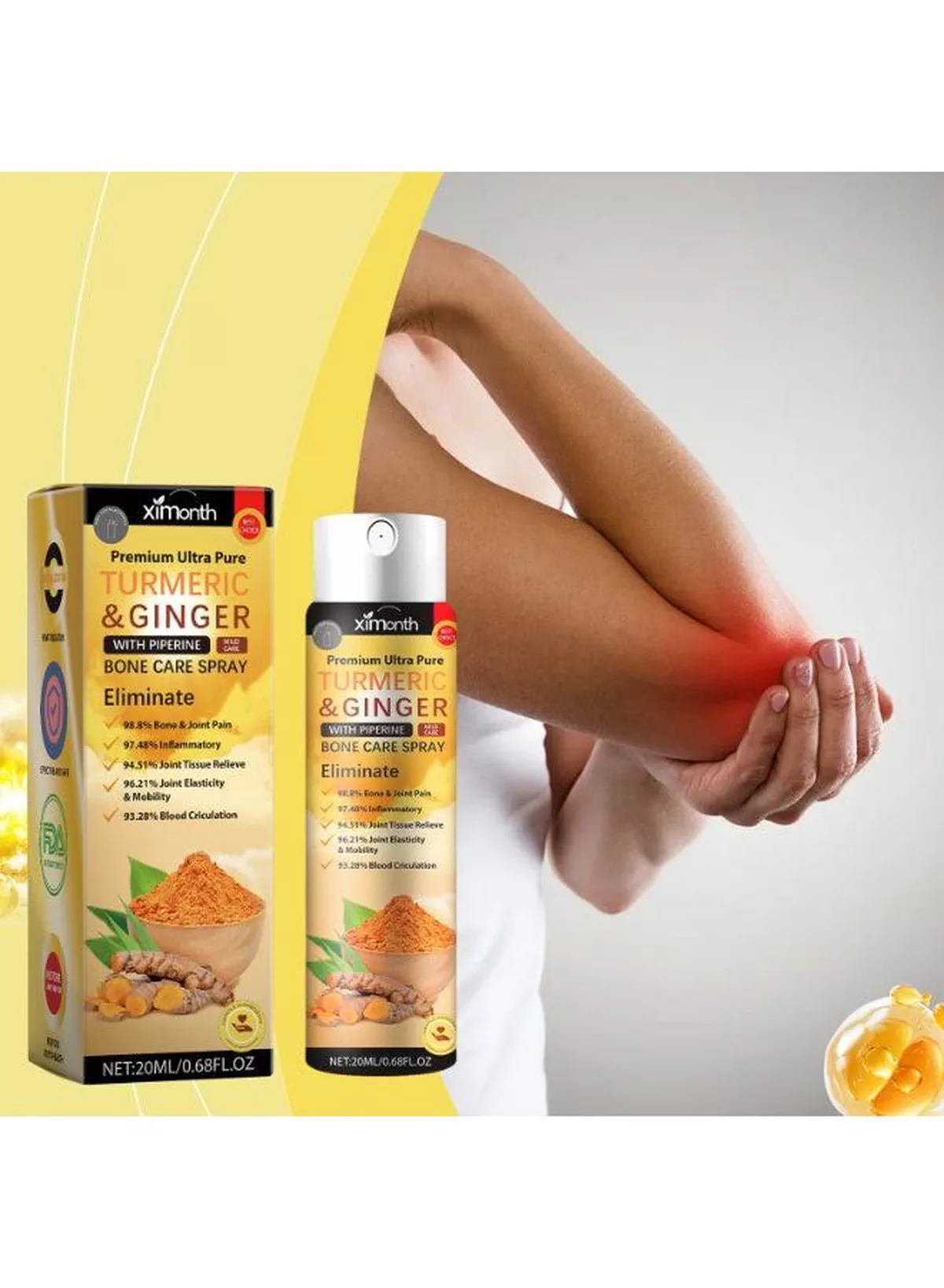 Ximonth Premium Ultra Pure Turmeric Ginger Bone Care Spray with Piperine, 20ml, Compact Topical Spray Bottle, Easy Application, Convenient Daily Care Solution for Home, Office and Travel-2-2