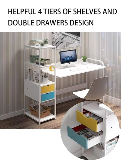 DubaiGallery Home Office Computer Desk, Small Desk Study Writing Table Storage Shelves Drawer,Modern Simple PC Table Splice Board Desk-White-1