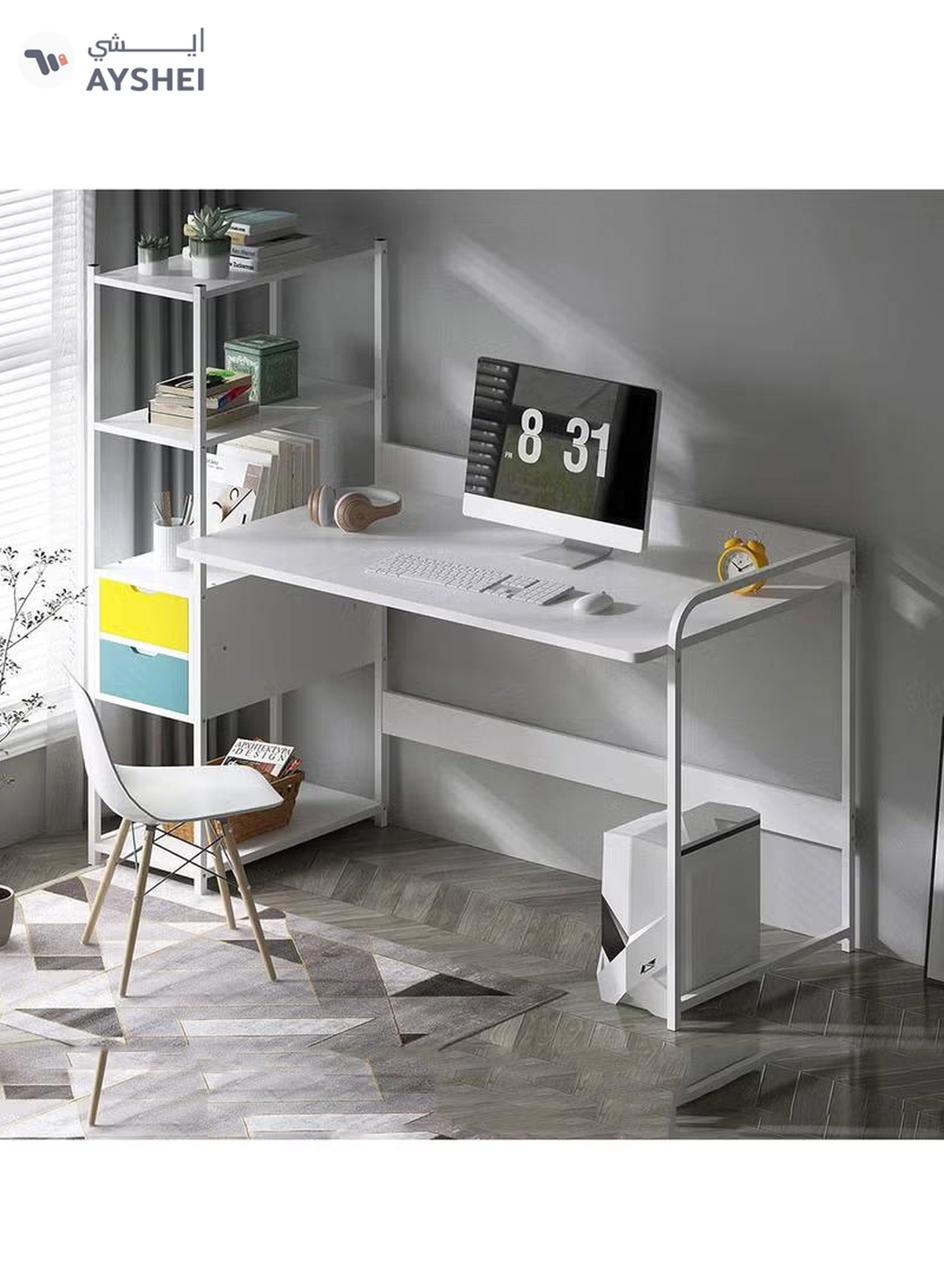 DubaiGallery Home Office Computer Desk, Small Desk Study Writing Table Storage Shelves Drawer,Modern Simple PC Table Splice Board Desk-White-2-2