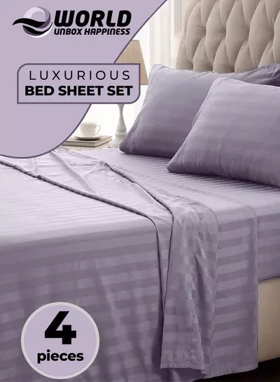 4-Piece Luxury Purple Striped Bedding Set Includes 1 Regular Bedsheet, 1 Fitted Bed Sheet, and 2 Pillow Cases for Ultimate Hotel-Inspired Sophistication in King, Queen and Single Sizes-0