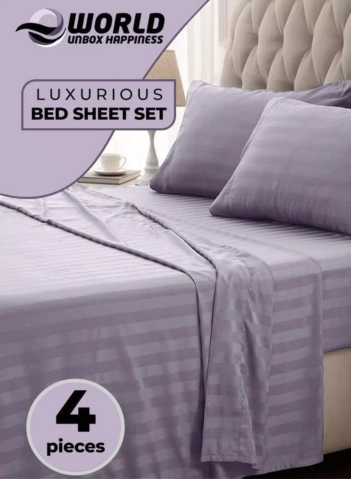 4-Piece Luxury Purple Striped Bedding Set Includes 1 Regular Bedsheet, 1 Fitted Bed Sheet, and 2 Pillow Cases for Ultimate Hotel-Inspired Sophistication in King, Queen and Single Sizes
