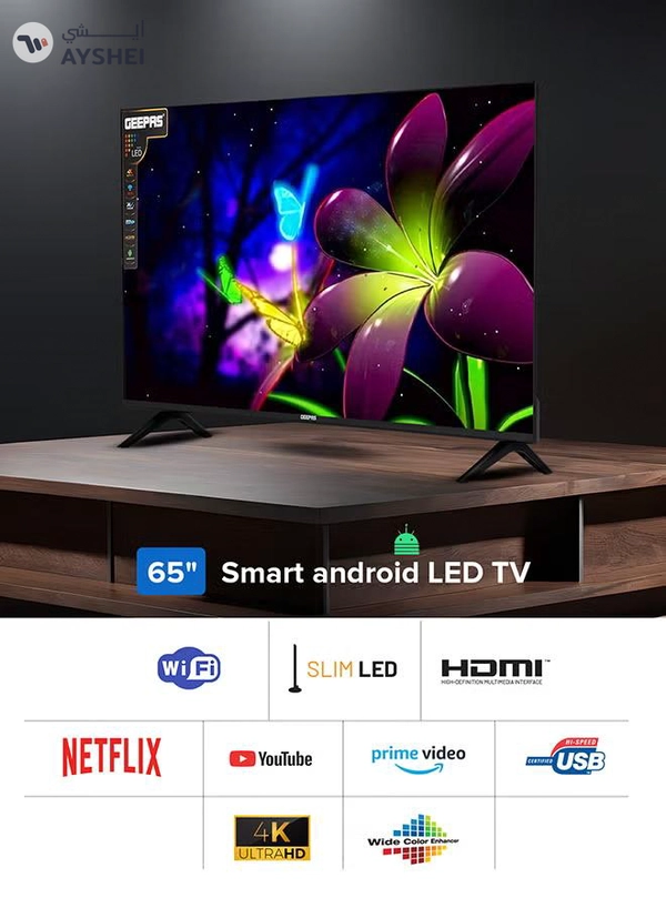 GEEPAS 65" Edgeless 4K UHD Smart LED TV, TV with Remote Control, HDMI & USB Ports, Head Phone Jack, PC Audio In | Wi-Fi, Android 9.0 with E-Share | YouTube, Netflix, Amazon Prime GLED6538SEUHD Black