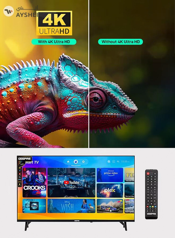 GEEPAS 65" Edgeless 4K UHD Smart LED TV, TV with Remote Control, HDMI & USB Ports, Head Phone Jack, PC Audio In | Wi-Fi, Android 9.0 with E-Share | YouTube, Netflix, Amazon Prime GLED6538SEUHD Black