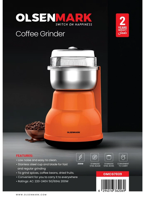 Olsenmark Coffee Grinder OMCG7039 | 200W Powerful Motor | Stainless Steel Jar & Blade | Perfect for Coffee Beans, Spices & Dry Nuts | Easy Grip | Orange | 2-Year Warranty 50 ml 200 W OMCG7039 orange