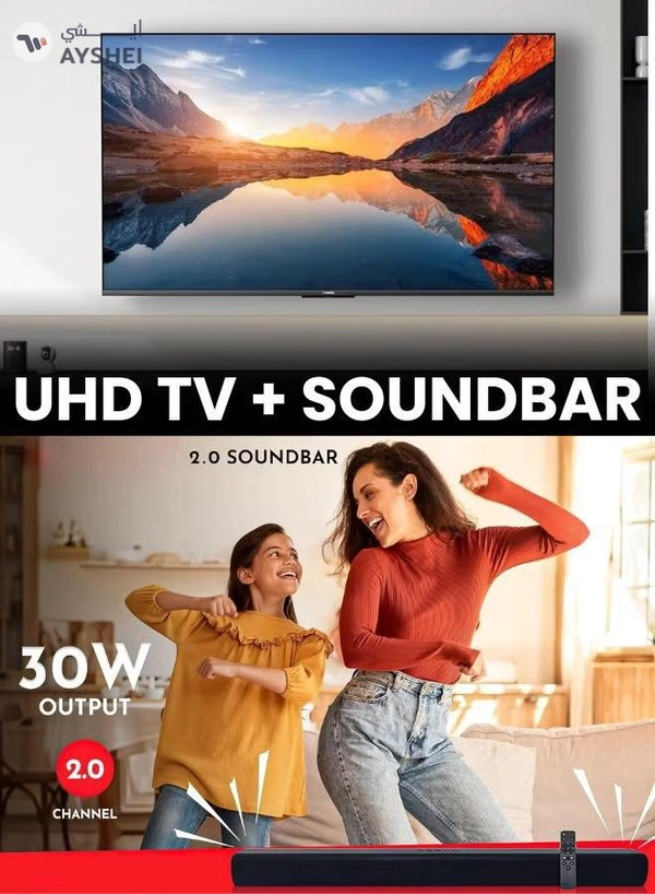 Xiaomi 55-Inch 4K UHD Smart TV, 4K Resolution, HDR10, Google TV + 2.0 Channel Soundbar 30W, HDMI ARC, Bluetooth, USB, MP3, FM 55A2025+SOUNDBAR Black