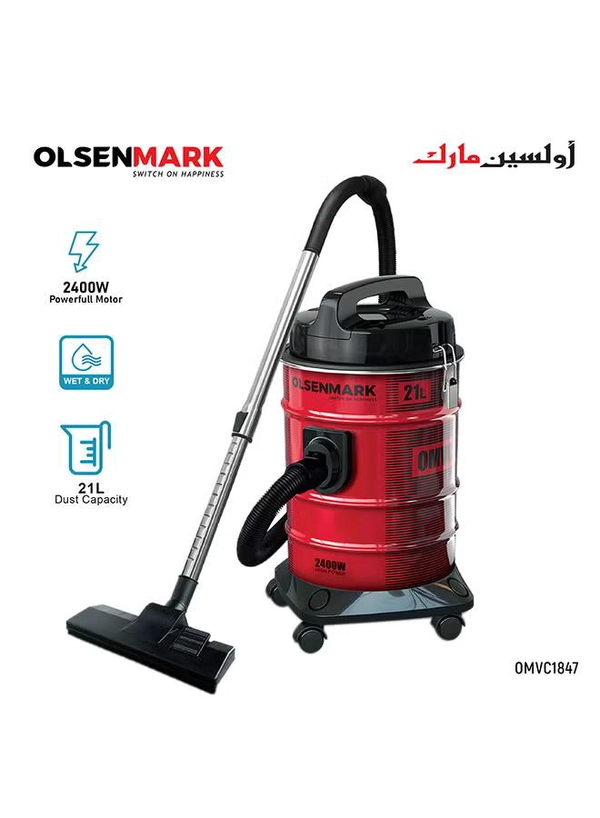 Olsenmark Vacuum Cleaner with Extra Large Dust Bag Capacity, Anti-Rust Metallic Body, Powerful Suction And Blower Function and Omnidirectional Wheal 21 L 2400 W OMVC1847 Red/Black