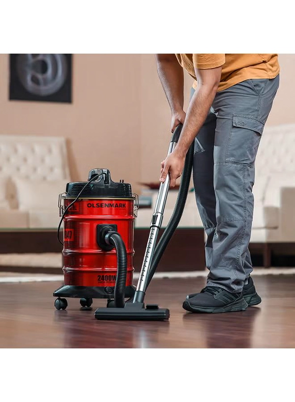 Olsenmark Vacuum Cleaner with Extra Large Dust Bag Capacity, Anti-Rust Metallic Body, Powerful Suction And Blower Function and Omnidirectional Wheal 21 L 2400 W OMVC1847 Red/Black