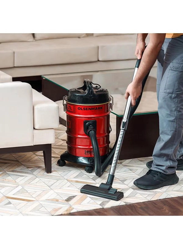 Olsenmark Vacuum Cleaner with Extra Large Dust Bag Capacity, Anti-Rust Metallic Body, Powerful Suction And Blower Function and Omnidirectional Wheal 21 L 2400 W OMVC1847 Red/Black