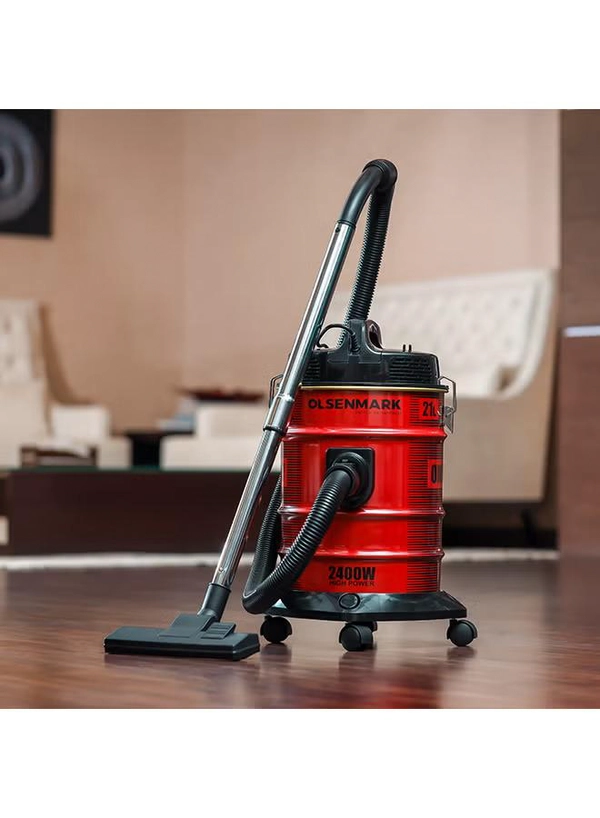 Olsenmark Vacuum Cleaner with Extra Large Dust Bag Capacity, Anti-Rust Metallic Body, Powerful Suction And Blower Function and Omnidirectional Wheal 21 L 2400 W OMVC1847 Red/Black