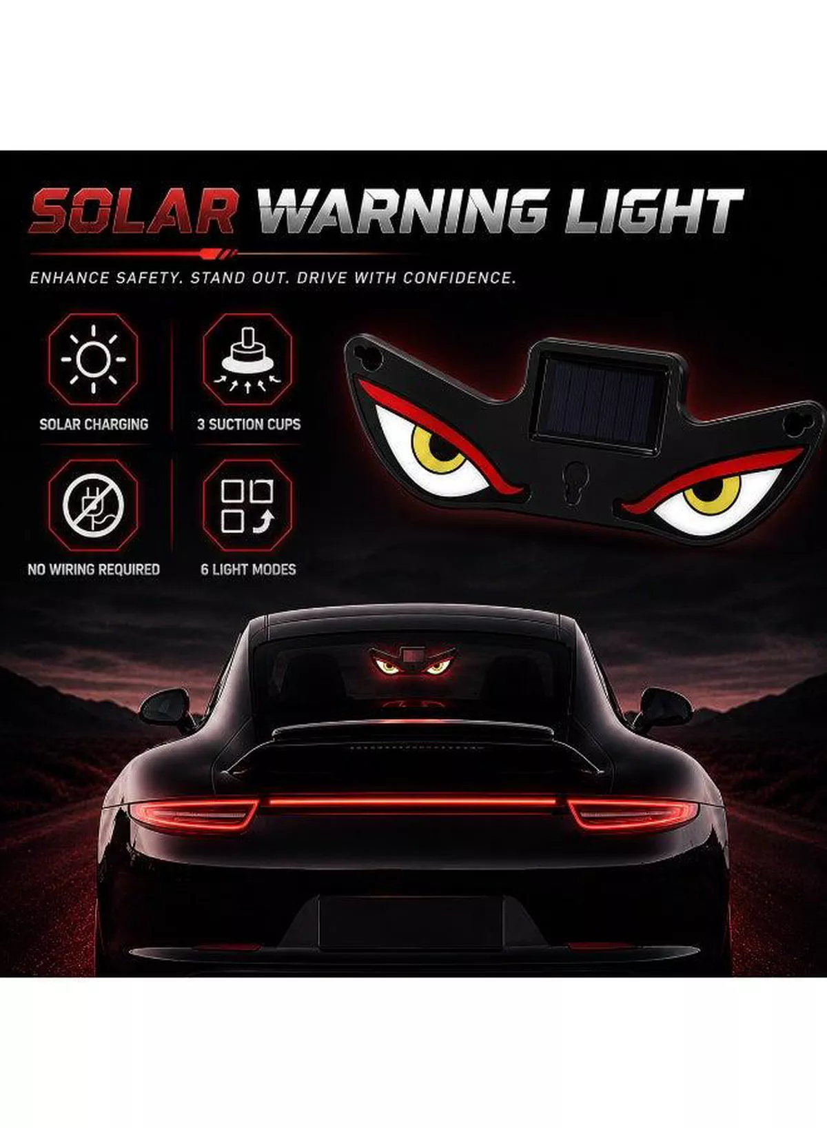 LED Evil Eye Solar Warning Light for Vehicles – Creative Automotive Decoration with Solar Charging, Powerful Bright Illumination, Strong Suction Attachment, Multiple Lighting Modes, and a Bold Personalized Look for Night Driving-2-2