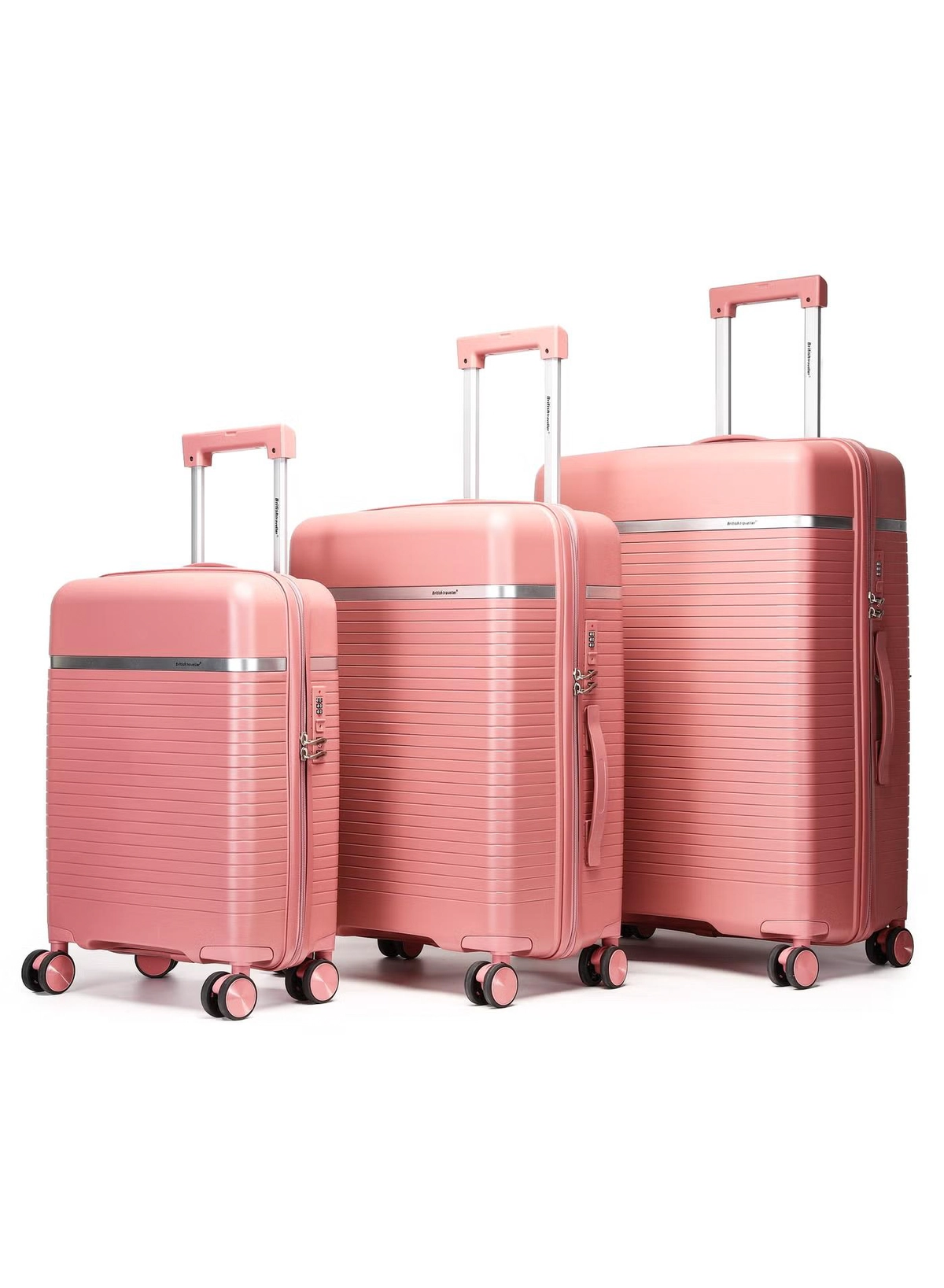 British Traveller 3-Piece Polypropylene Luggage Set | 20”, 24”, 28” Lightweight Suitcases with 360° Spinner Wheels, TSA Lock, Water & Scratch Resistant | Durable Hard Shell Trolley Bags with Telescopic Handle - Pink-0-0