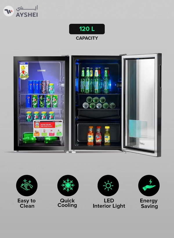 GEEPAS Showcase Chiller 120 Quick Cooling with Low E Glass Door Low Noise and Low Voltage Consumption 120 L 60 W GSC1223 Black