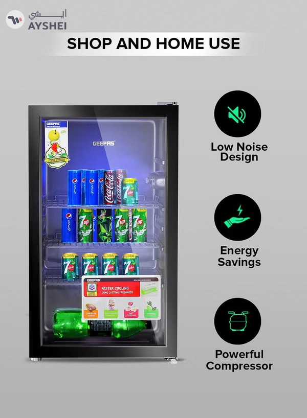 GEEPAS Showcase Chiller 120 Quick Cooling with Low E Glass Door Low Noise and Low Voltage Consumption 120 L 60 W GSC1223 Black