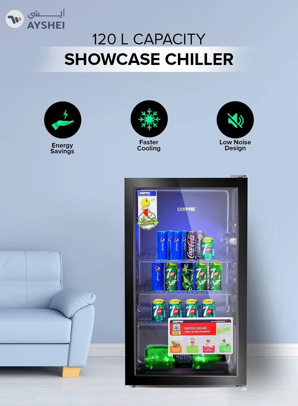 GEEPAS Showcase Chiller 120 Quick Cooling with Low E Glass Door Low Noise and Low Voltage Consumption 120 L 60 W GSC1223 Black
