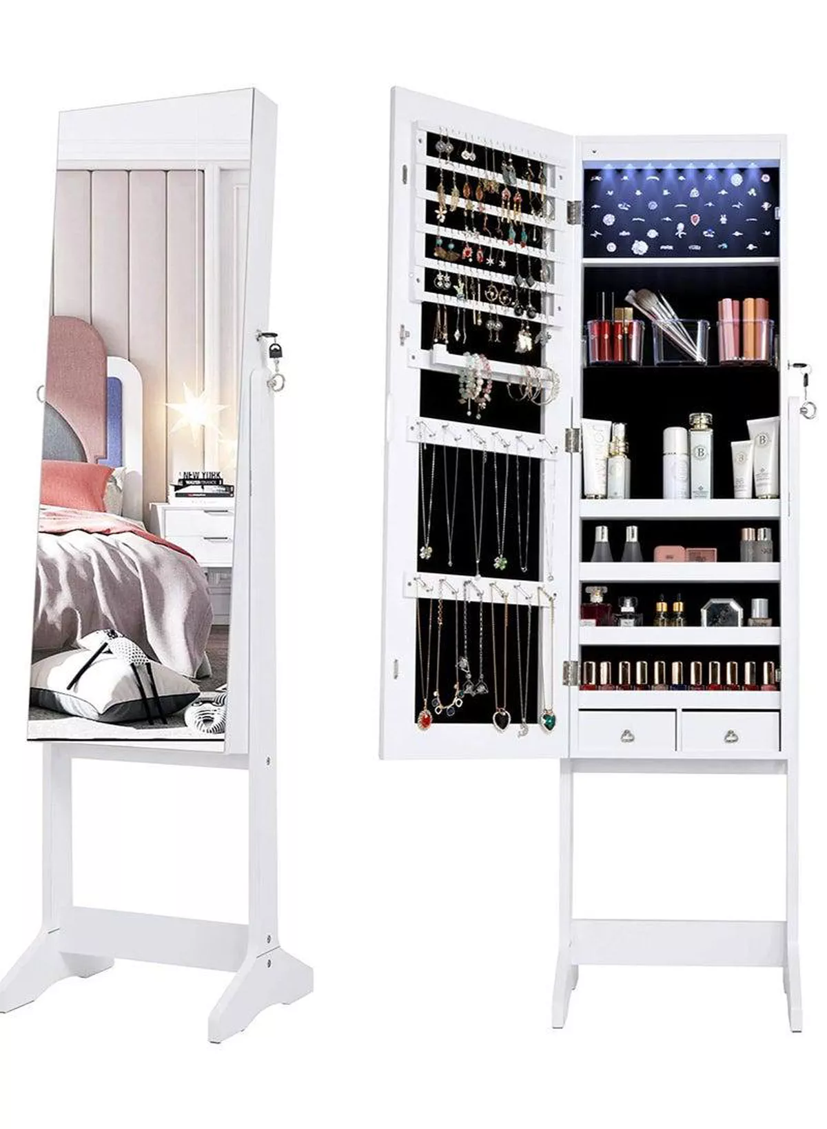 Zipperl Dressing Mirror with Jewelry Box Full Length Mirror Jewelry Organizer Lockable Wood Standing Jewelry Armoire with Mirror