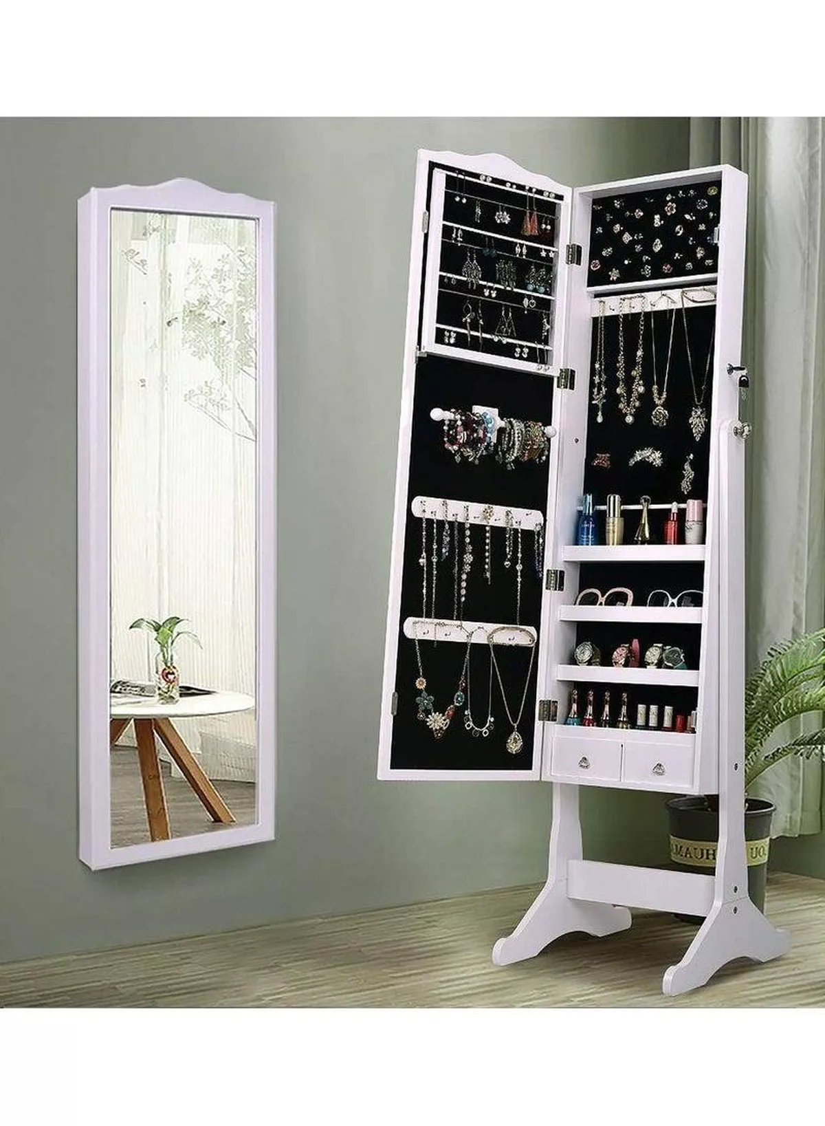 Zipperl Dressing Mirror with Jewelry Box Full Length Mirror Jewelry Organizer Lockable Wood Standing Jewelry Armoire with Mirror-1-1
