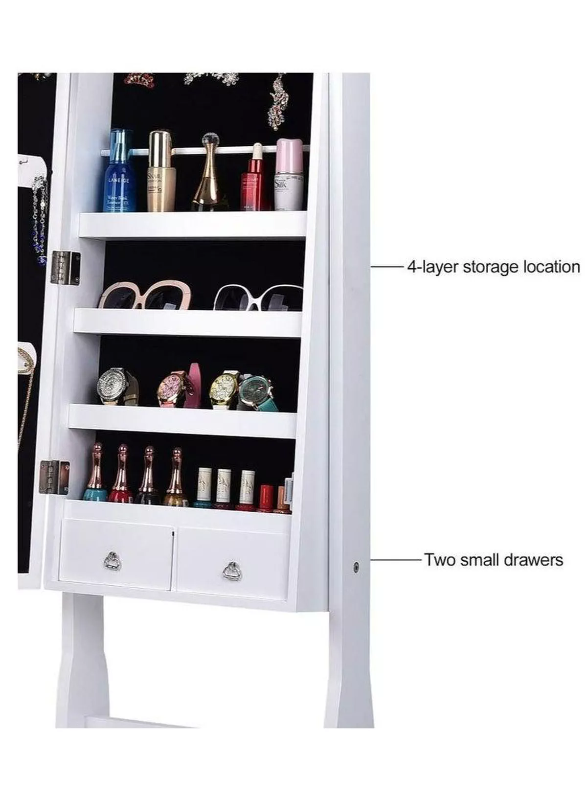 Zipperl Dressing Mirror with Jewelry Box Full Length Mirror Jewelry Organizer Lockable Wood Standing Jewelry Armoire with Mirror-4-4