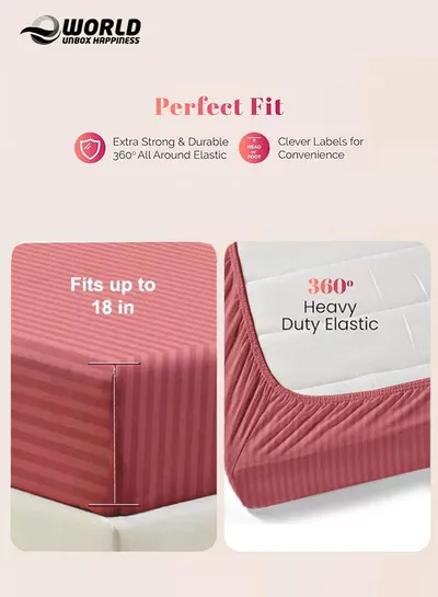 Dusty Rose Striped Microfiber Fitted Bedsheet with Deep Pocket for a Snug Fit, Breathable, Machine Washable for Optimal Protection, Available in King, Queen and Single Sizes, Without Pillow Cover-2