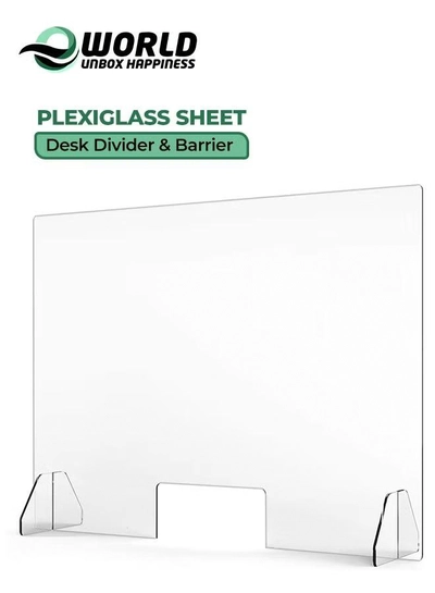 Eworld Plexiglass Freestanding Sneeze Guard with Transaction Window - Transparent Hygiene Screen -0