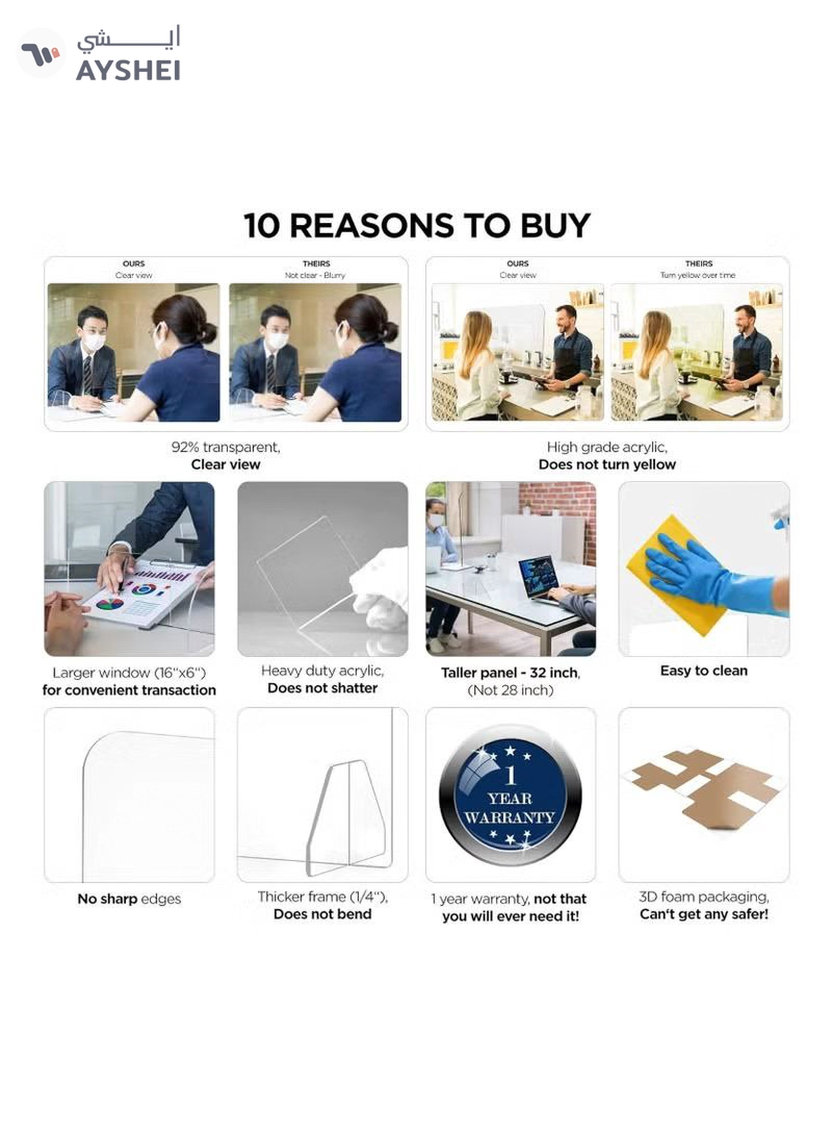 Eworld Plexiglass Freestanding Sneeze Guard with Transaction Window - Transparent Hygiene Screen -8-8