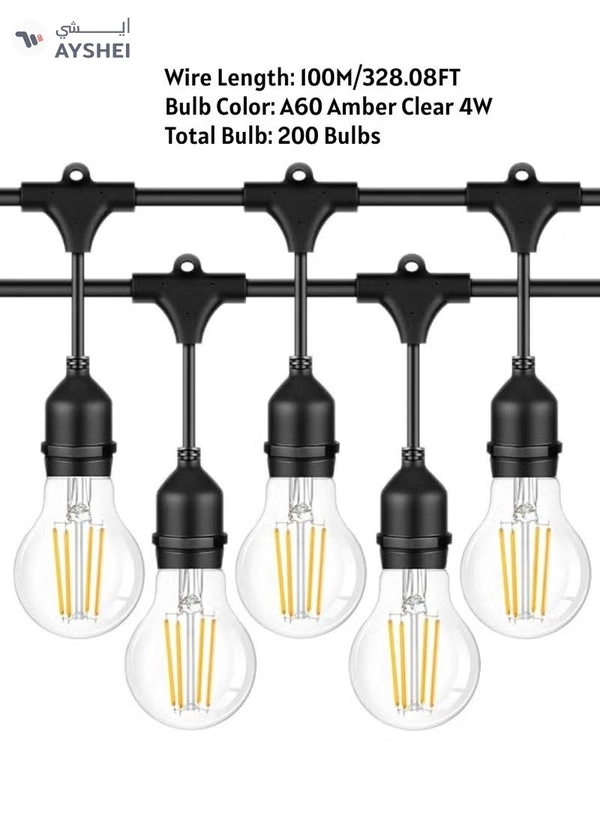 Yuwell Outdoor Waterproof IP65 Led String Lights E27 Holder 100 Meter Bulb Holder Wire With 200 Bulbs 4W A60 Clear With EU Plug Solar Bulb Holder For Ramadan Decoration Lights And Outdoor Decoration Light Hanging Light String Wire Ramadan Light For Commercial Patio Garden & Porch Yard