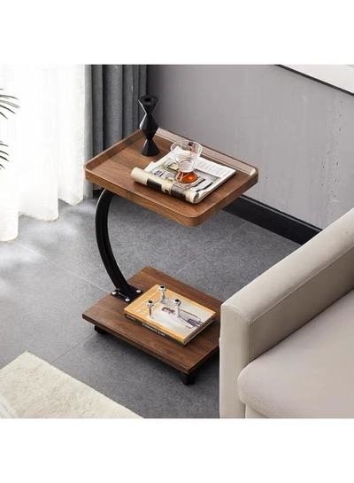 DubaiGallery Modern rolling side table with Wooden look shelves, curved metal frame, smooth caster wheels, perfect for laptop, sofa, bedside, office, space saving, sturdy, elegant home furniture, design, style, comfort, convenience.-2