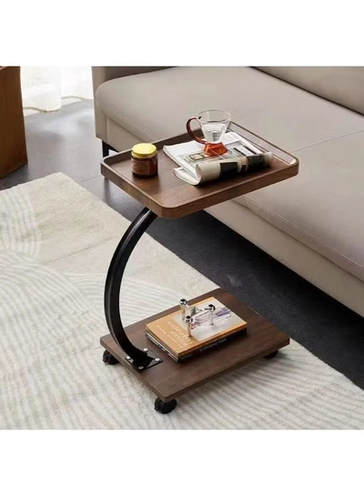 DubaiGallery Modern rolling side table with Wooden look shelves, curved metal frame, smooth caster wheels, perfect for laptop, sofa, bedside, office, space saving, sturdy, elegant home furniture, design, style, comfort, convenience.-0