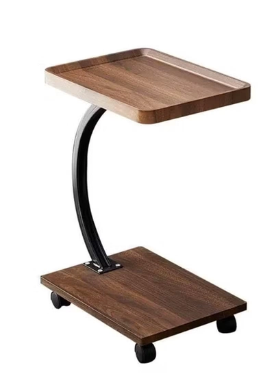 DubaiGallery Modern rolling side table with Wooden look shelves, curved metal frame, smooth caster wheels, perfect for laptop, sofa, bedside, office, space saving, sturdy, elegant home furniture, design, style, comfort, convenience.-1