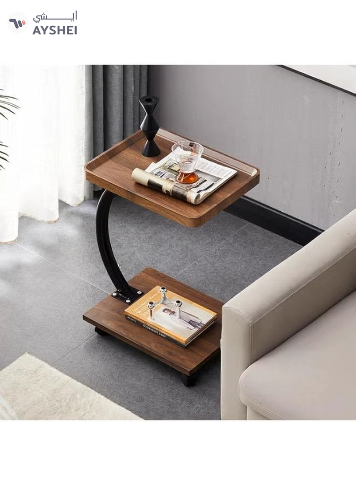 DubaiGallery Modern rolling side table with Wooden look shelves, curved metal frame, smooth caster wheels, perfect for laptop, sofa, bedside, office, space saving, sturdy, elegant home furniture, design, style, comfort, convenience.-2-2