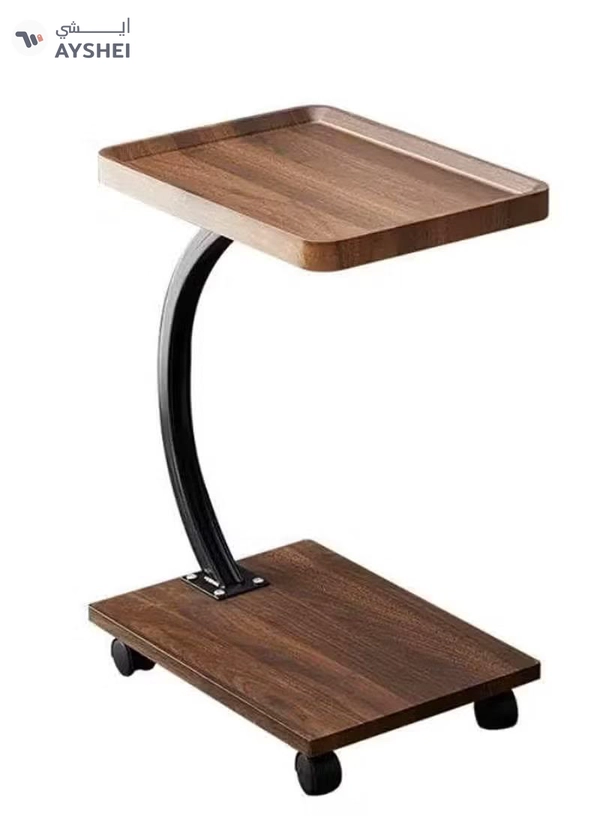 DubaiGallery Modern rolling side table with Wooden look shelves, curved metal frame, smooth caster wheels, perfect for laptop, sofa, bedside, office, space saving, sturdy, elegant home furniture, design, style, comfort, convenience.