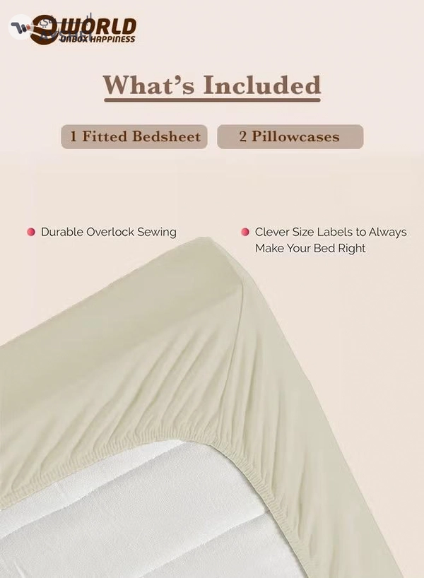 Eworld 3-Piece Cream Cotton Fitted Bedsheet Set Includes 1 Deep-Pocket Sheet and 2 Pillow Covers